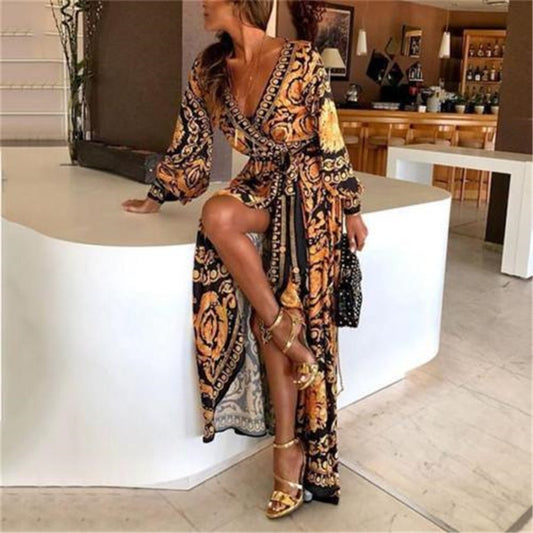 Boho Floral Printed Long Sleeve Long Maxi Sexy V-neck dress