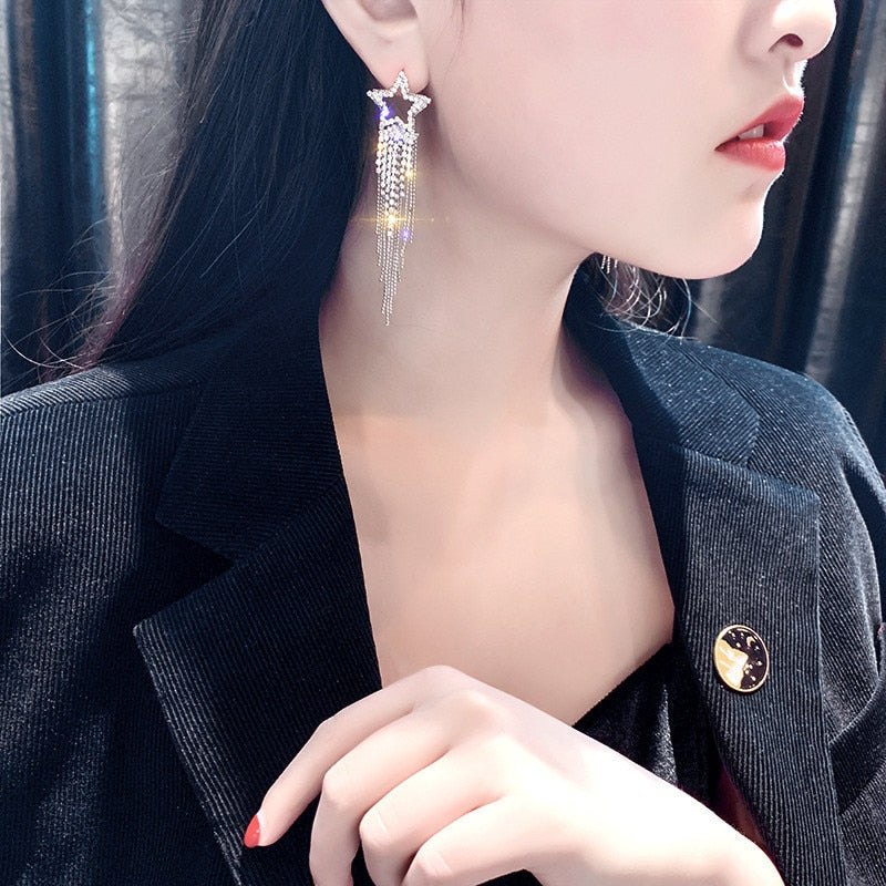 Fashion Long Tassel Crystal Earrings for Women Bijoux Luxury Shiny Gold Color Star Dangle Earrings Jewelry