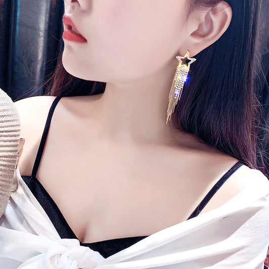 Fashion Long Tassel Crystal Earrings for Women Bijoux Luxury Shiny Gold Color Star Dangle Earrings Jewelry