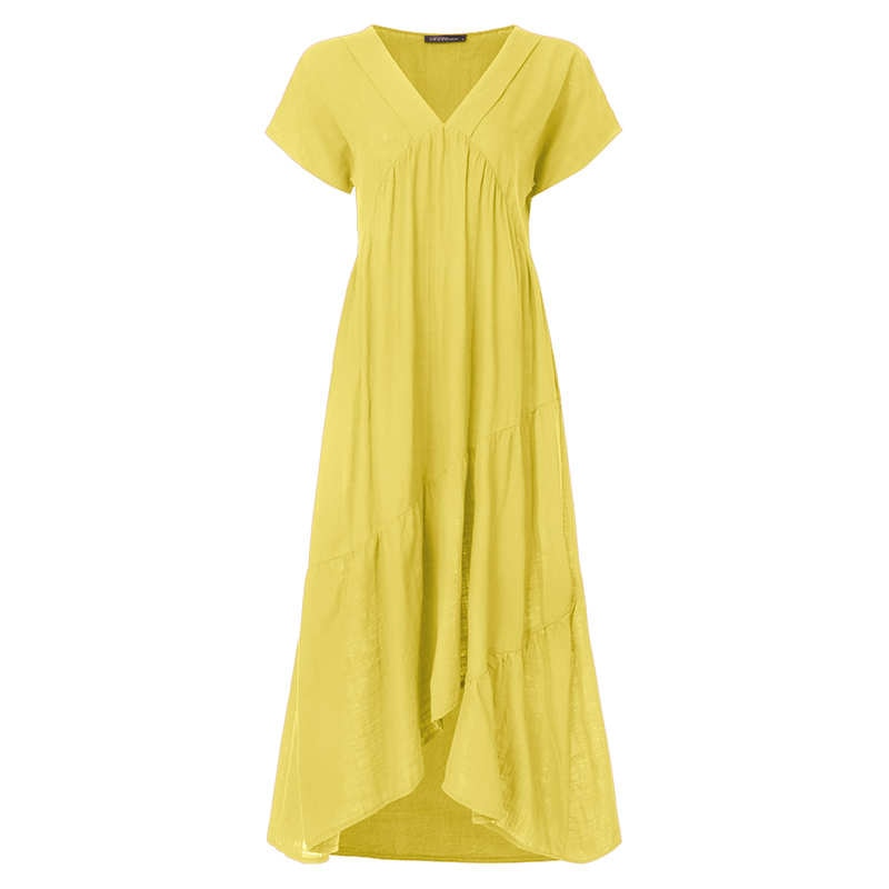 Fashion V Neck Midi Vestidos Female Solid Ruffle Dresses Asymmetrical Robe