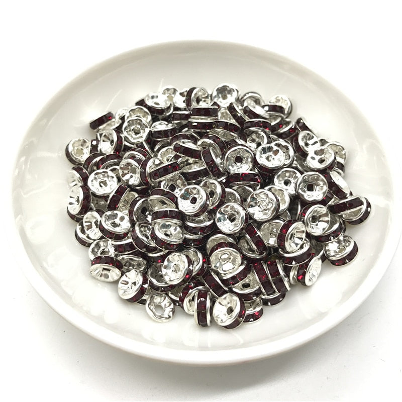 50pcs 6MM Metal Silver Plated Crystal Rhinestone Rondelle Spacer Beads 13 Colors