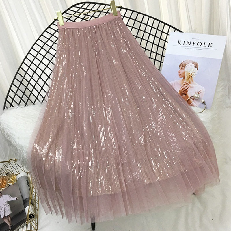 Fashion Sequined Long Tulle Skirt Women Aesthetic  Casual A Line Elastic High Waist Midi Mesh Skirt