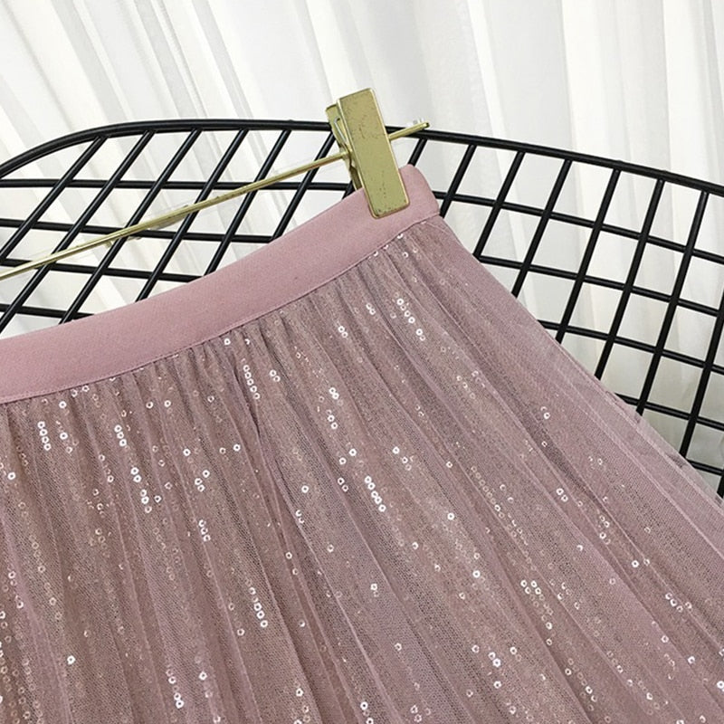 Fashion Sequined Long Tulle Skirt Women Aesthetic  Casual A Line Elastic High Waist Midi Mesh Skirt