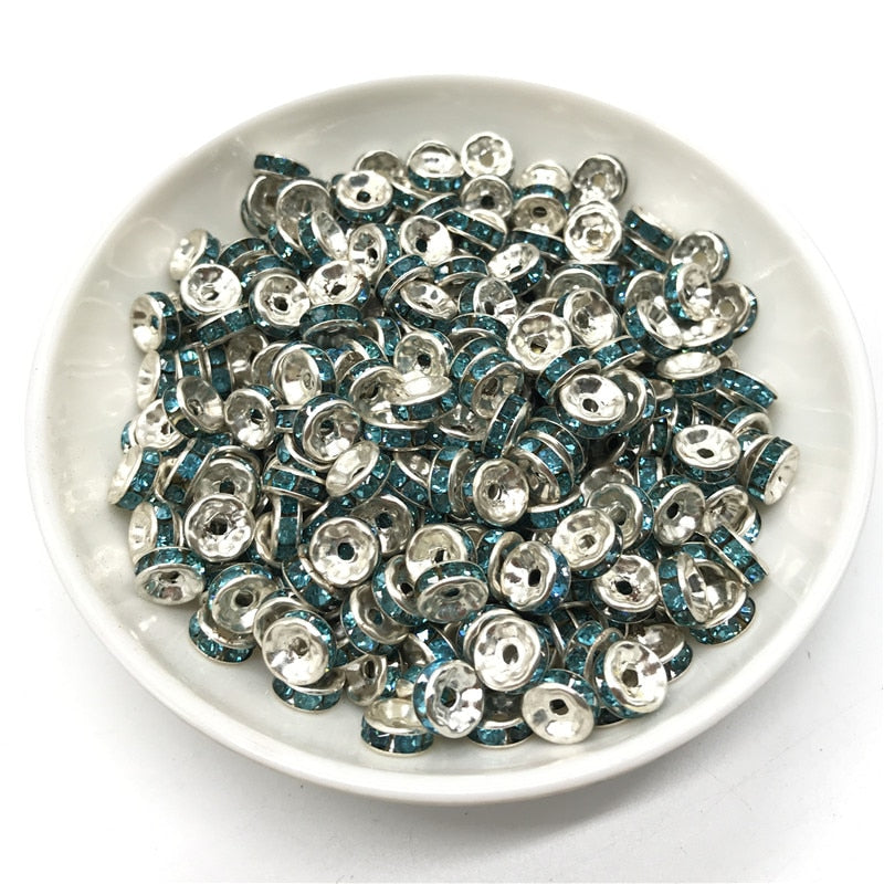 50pcs 6MM Metal Silver Plated Crystal Rhinestone Rondelle Spacer Beads 13 Colors