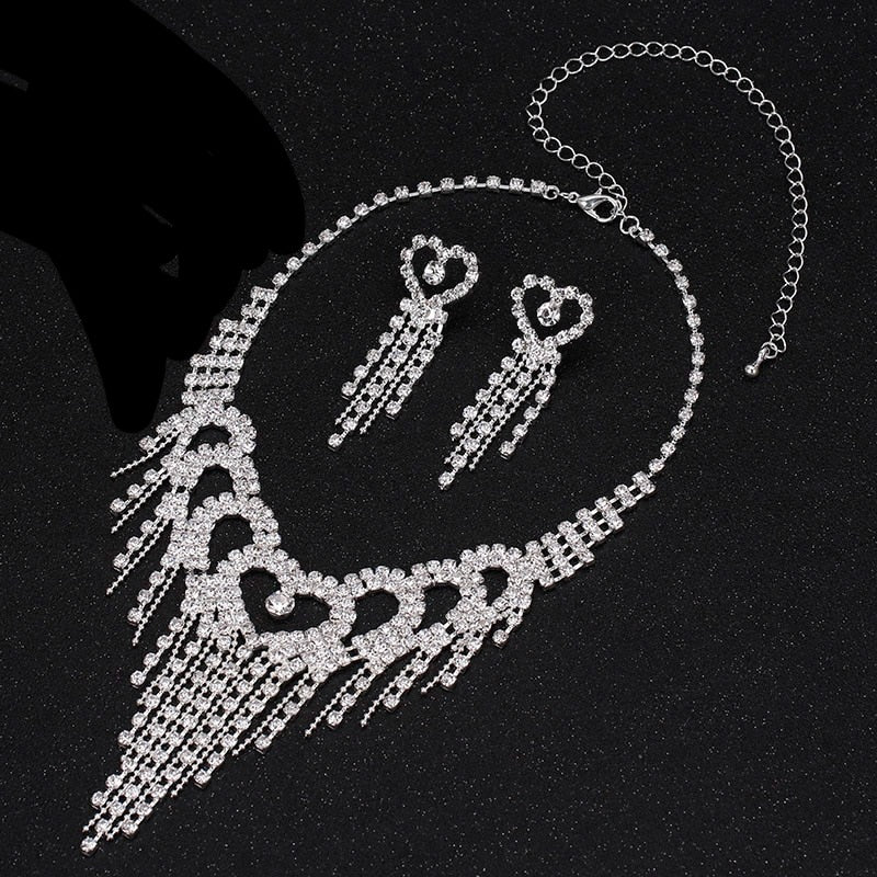 Luxury Silver Color Crystal Choker Heart Tassels Bridal Wedding Jewelry Sets