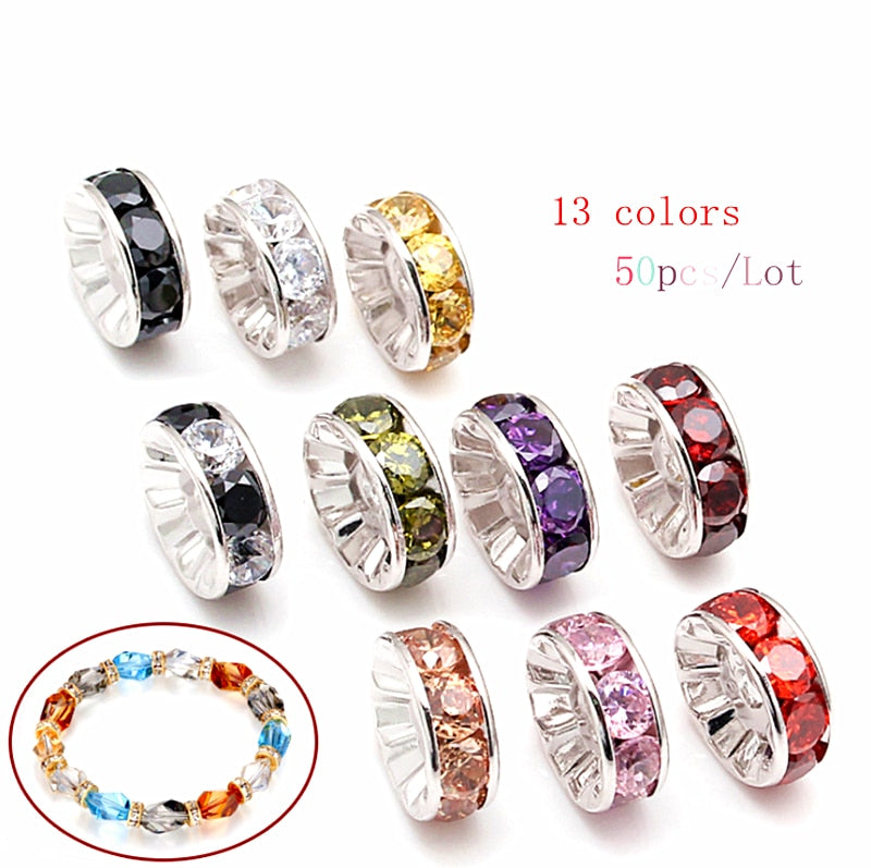 50pcs 6MM Metal Silver Plated Crystal Rhinestone Rondelle Spacer Beads 13 Colors