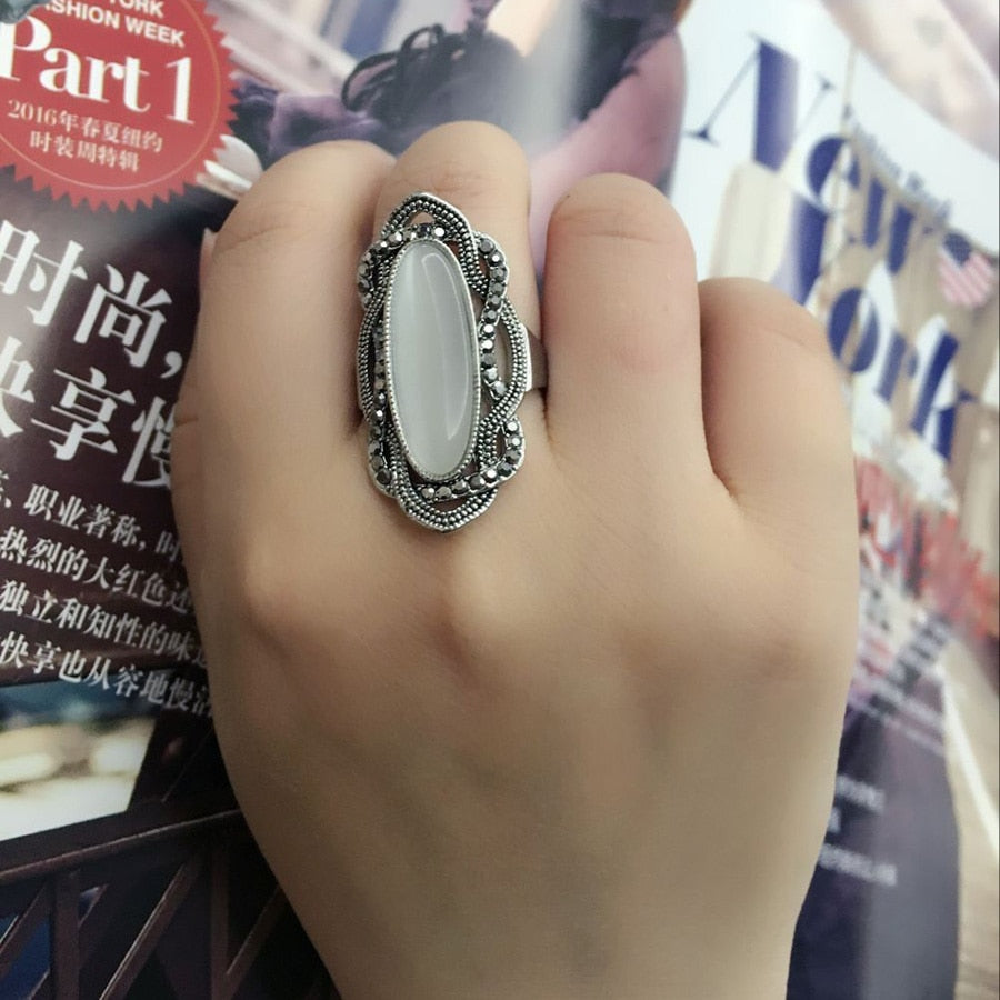 Bohemian Style White Opal Ring Big Oval Silver Plated Mosaic AAA Gray Crystal Rings Vintage Jewelry