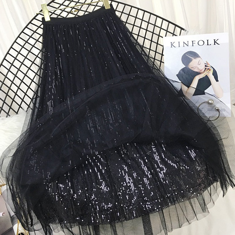 Fashion Sequined Long Tulle Skirt Women Aesthetic  Casual A Line Elastic High Waist Midi Mesh Skirt