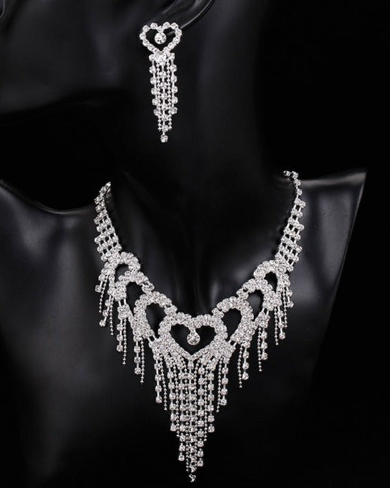 Luxury Silver Color Crystal Choker Heart Tassels Bridal Wedding Jewelry Sets