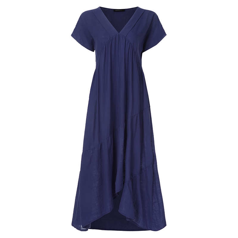 Fashion V Neck Midi Vestidos Female Solid Ruffle Dresses Asymmetrical Robe