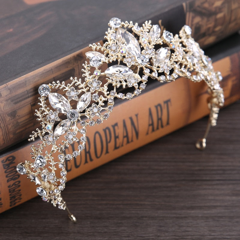 Baroque Luxury Crystal AB Bridal Crown Tiara Light Gold Color Diadem Tiaras Bride Wedding Hair Accessories