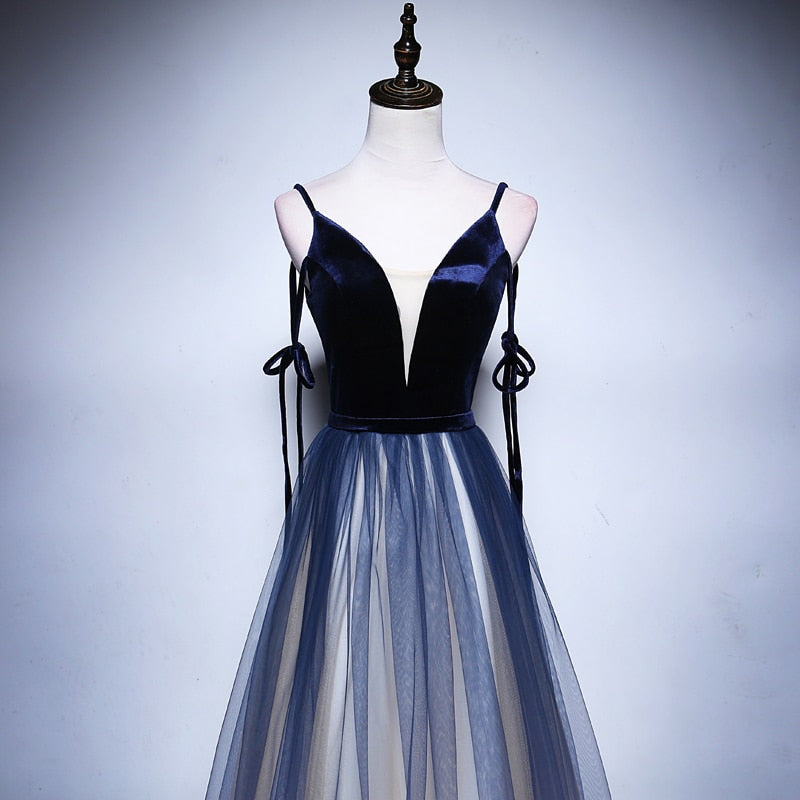 A-line Gown Elegant Robe De Soiree Blue Velour With Tulle V-neck Long Dress