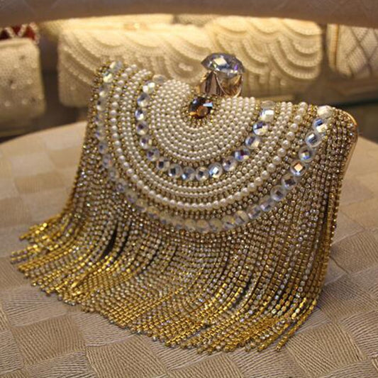 Rhinestones Tassel Clutch Diamonds Beaded Metal Evening Bags Chain Shoulder Messenger Purse Evening Bags Wedding Bag