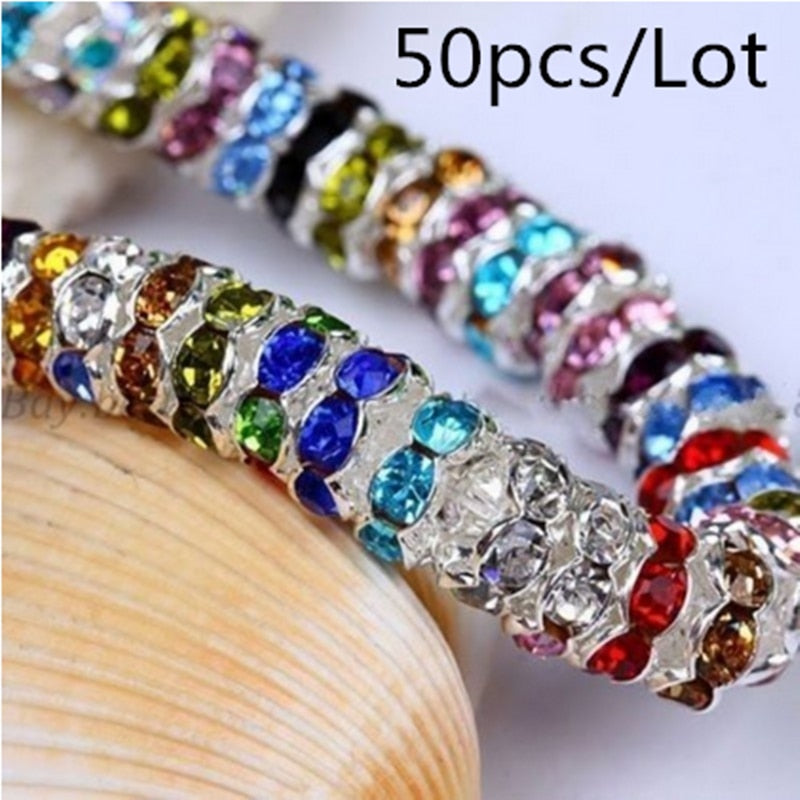 50pcs 6MM Metal Silver Plated Crystal Rhinestone Rondelle Spacer Beads 13 Colors