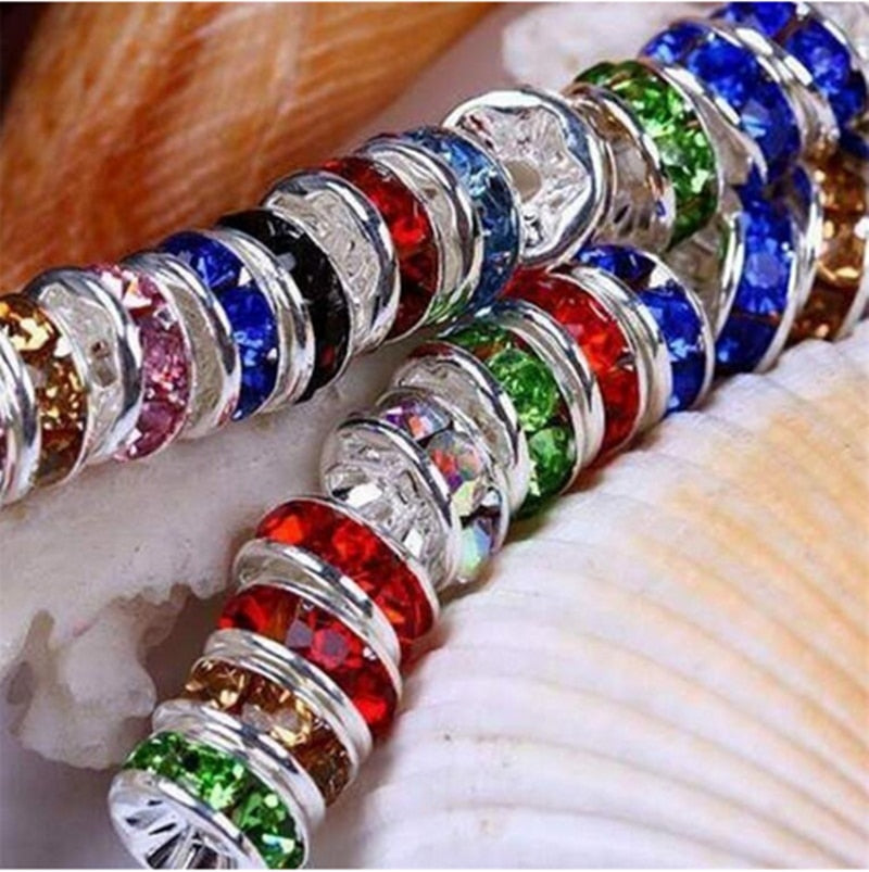 50pcs 6MM Metal Silver Plated Crystal Rhinestone Rondelle Spacer Beads 13 Colors