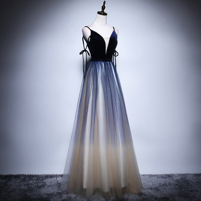 A-line Gown Elegant Robe De Soiree Blue Velour With Tulle V-neck Long Dress