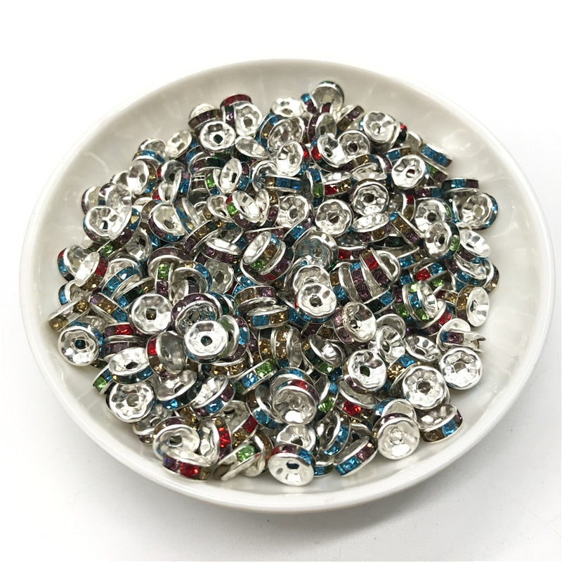 50pcs 6MM Metal Silver Plated Crystal Rhinestone Rondelle Spacer Beads 13 Colors