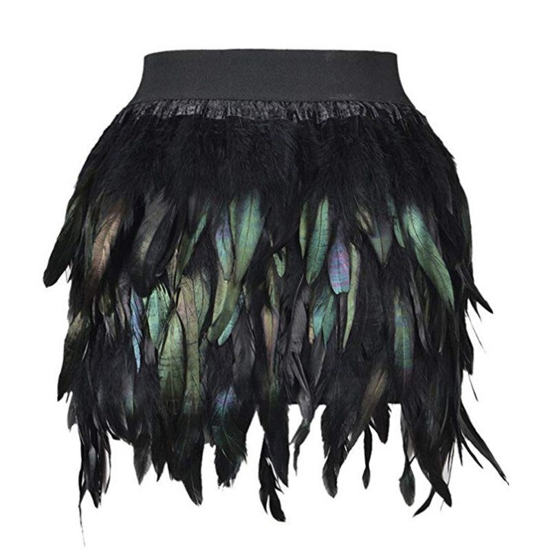 Gothic Faux Feather Two Piece Set Women Sexy Cardigan Crop Top Feathers Mini Skirt