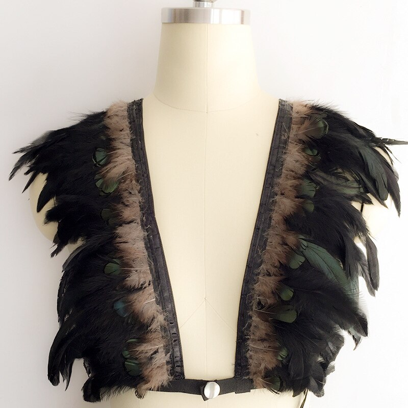 Gothic Faux Feather Two Piece Set Women Sexy Cardigan Crop Top Feathers Mini Skirt