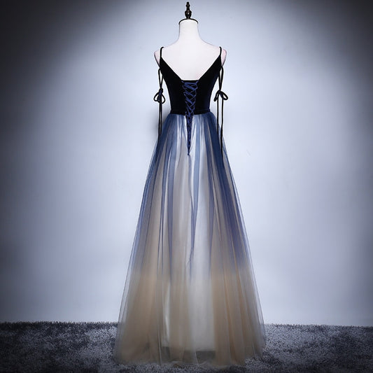 A-line Gown Elegant Robe De Soiree Blue Velour With Tulle V-neck Long Dress