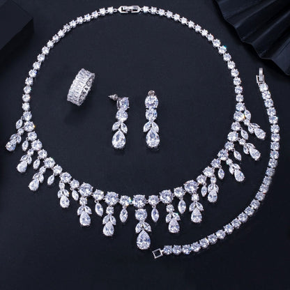 Dangle Drop Dubai Zircon Necklace Earrings Bracelet and Rings Bridal Jewelry Set