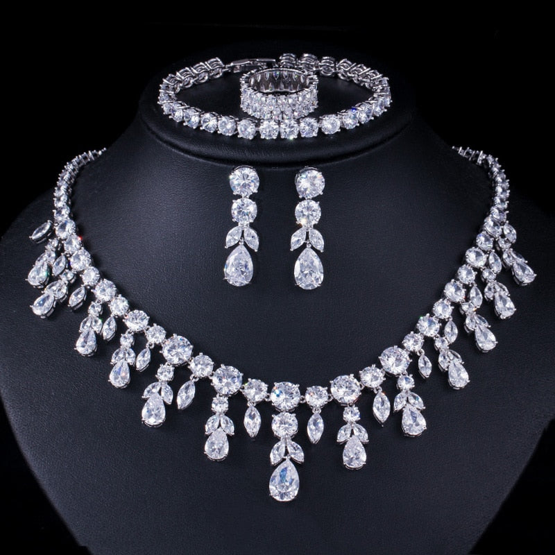 Dangle Drop Dubai Zircon Necklace Earrings Bracelet and Rings Bridal Jewelry Set