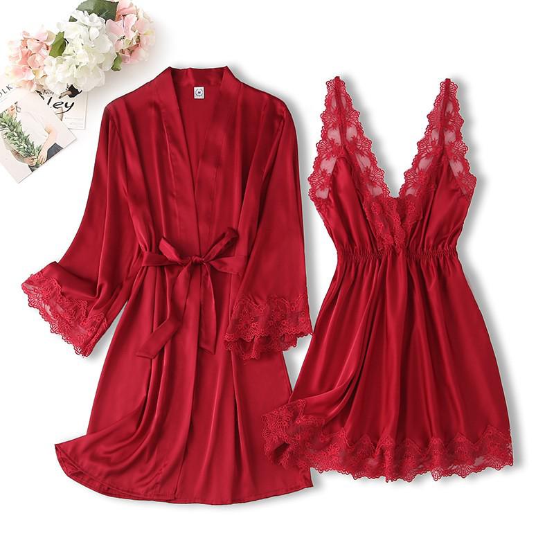 Lace Trim Sexy Robe Suit Loose Satin Kimono Bathrobe Gown Mini Sleepwear Rayon Intimate Lingerie