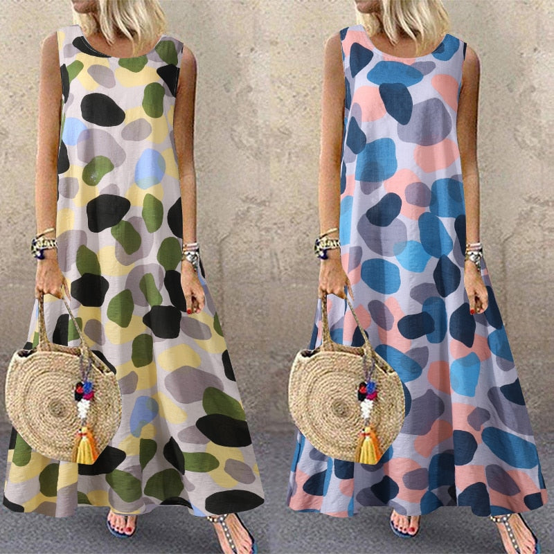 Printed Maxi Sundress Vintage O Neck Sleeveless Tunic Vestidos  Casual Robe Femme