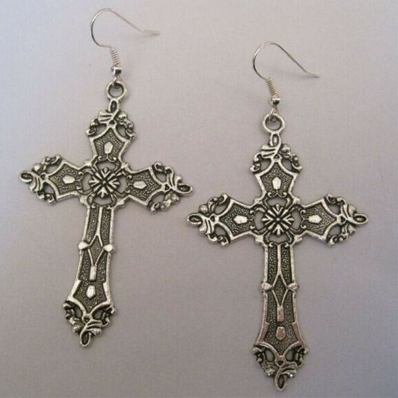 Inverted Crucifix earrings with black glass crystal teardrops. Classic gothic dangling ornamental satanic earrings