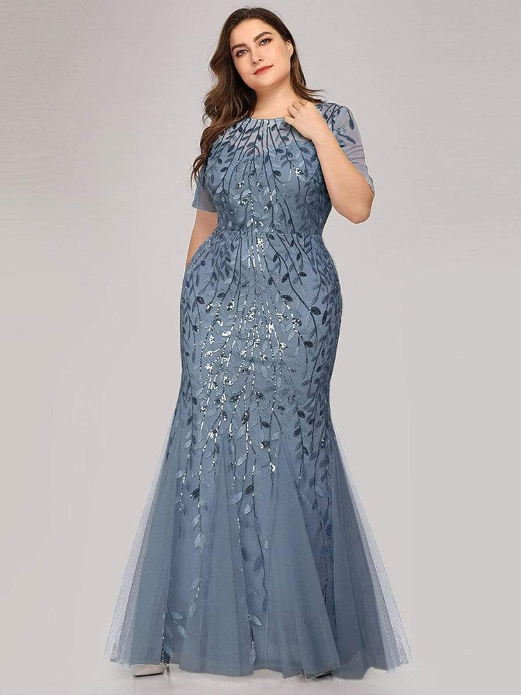 Plus Size Sequin Mesh Mermaid Slim Evening Dress Beaded Leaves Pattern Elegant Party