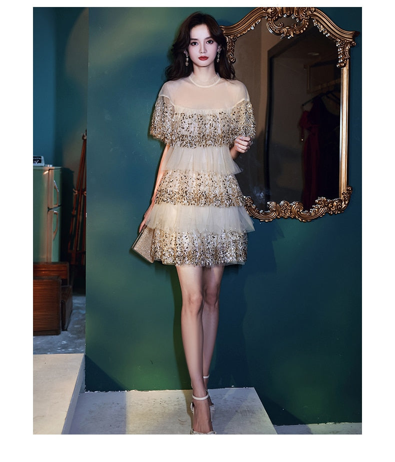 Elegant Women Party Shiny Sequin Embroidery Dress Ladies Ruffles Pleated Tulle Dress See Through Gauze Layered Dress