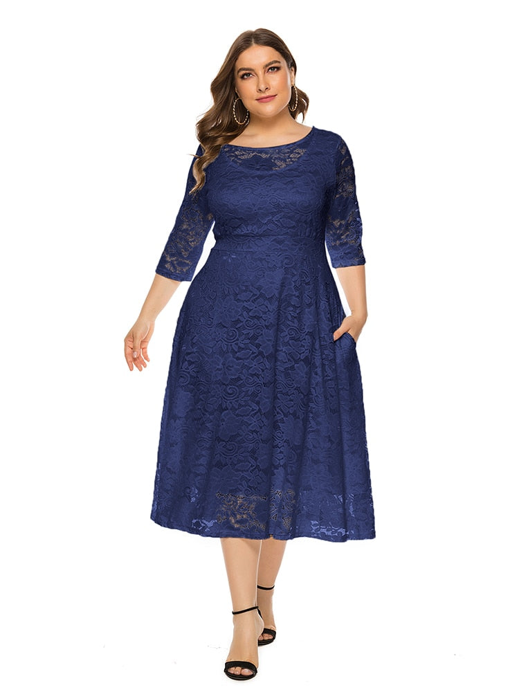 Plus Size Lace Evening Dress A-line Tea-length Dress with Pockets for Party