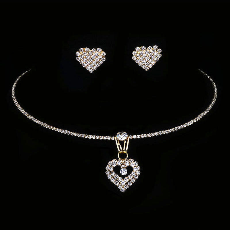 Luxury Silver Color Crystal Choker Heart Tassels Bridal Wedding Jewelry Sets