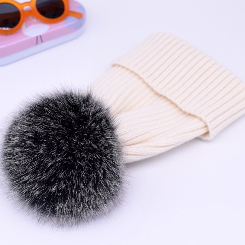 winter hat luxury quality Fox fur pompom hats beanie bonnet winter hats