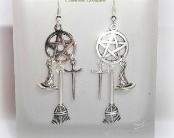 Inverted Crucifix earrings with black glass crystal teardrops. Classic gothic dangling ornamental satanic earrings