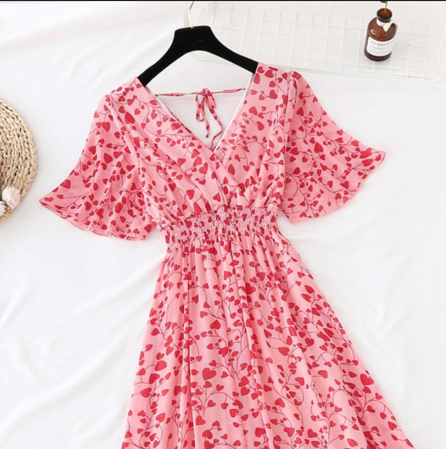 Ruffled Short-sleeved Chiffon V-neck High Waist Floral Print Beach Midi Dresses