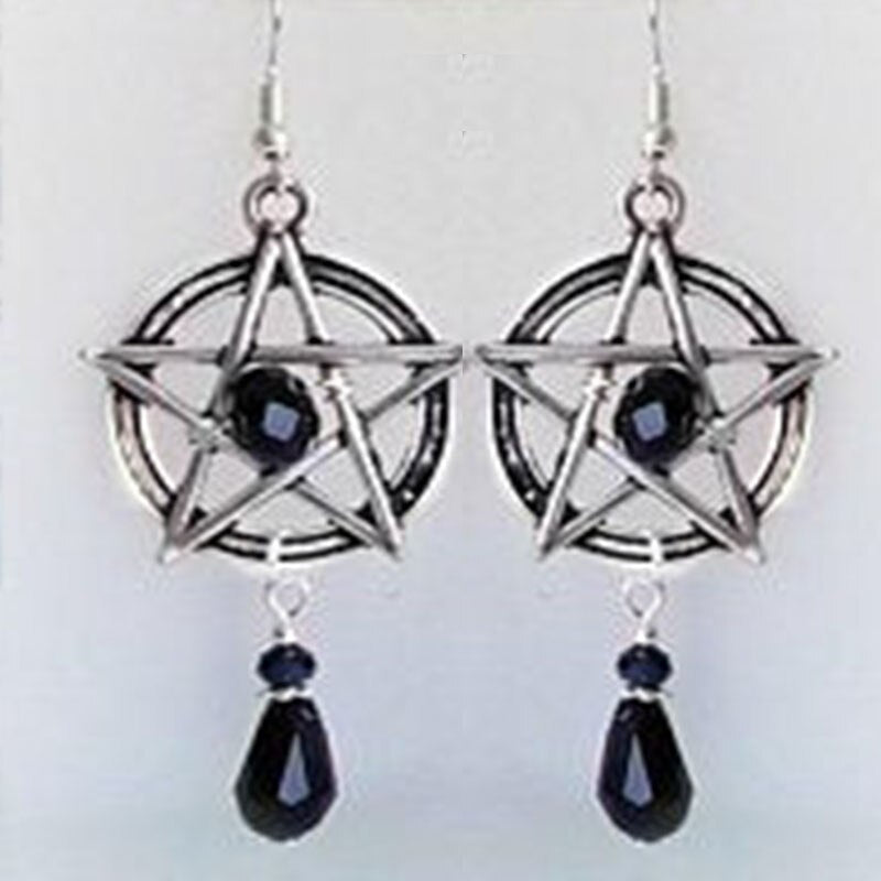 Inverted Crucifix earrings with black glass crystal teardrops. Classic gothic dangling ornamental satanic earrings