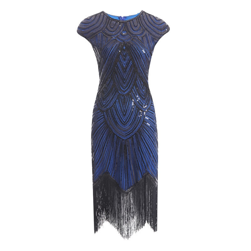 Vintage Flapper Great Gatsby Dress O-Neck Cap Sleeve Sequin Fringe Party Midi Dress