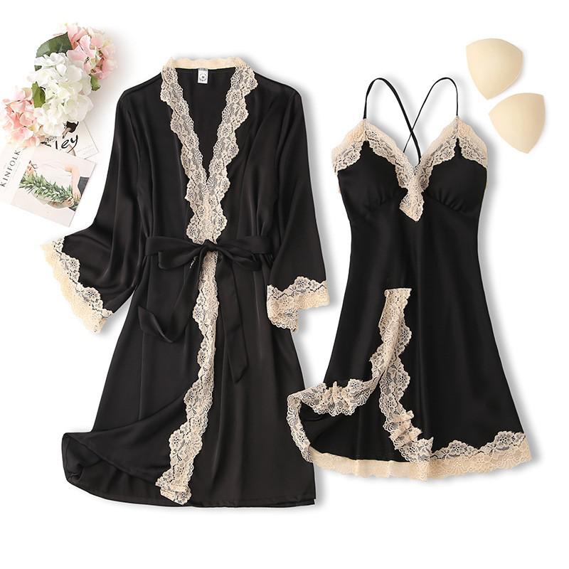 Lace Trim Sexy Robe Suit Loose Satin Kimono Bathrobe Gown Mini Sleepwear Rayon Intimate Lingerie