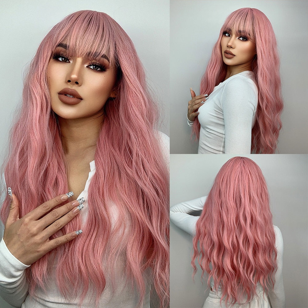 Long Wavy Synthetic Wigs With Long Bangs Pink Natural Hair Wig Heat Resistant Fiber Wig