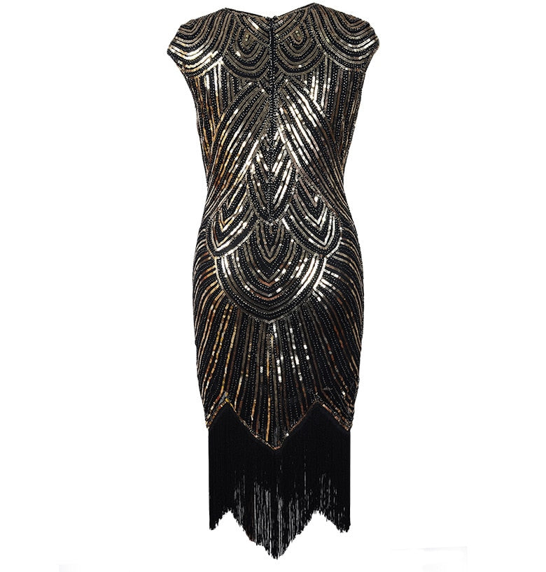 Vintage Flapper Great Gatsby Dress O-Neck Cap Sleeve Sequin Fringe Party Midi Dress