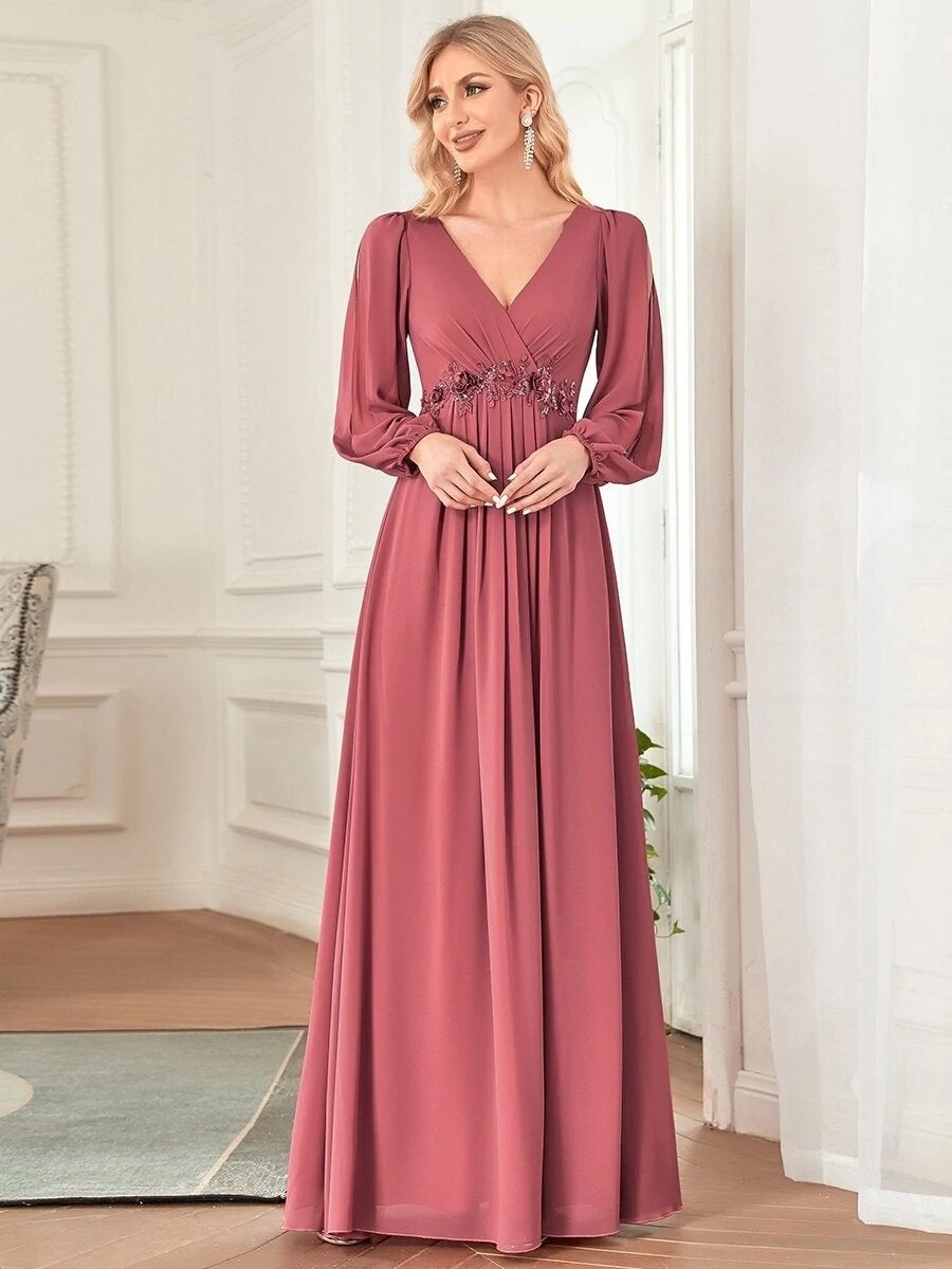 Elegant Evening Dresses Chiffon Long A-LINE long sleeves V-neck