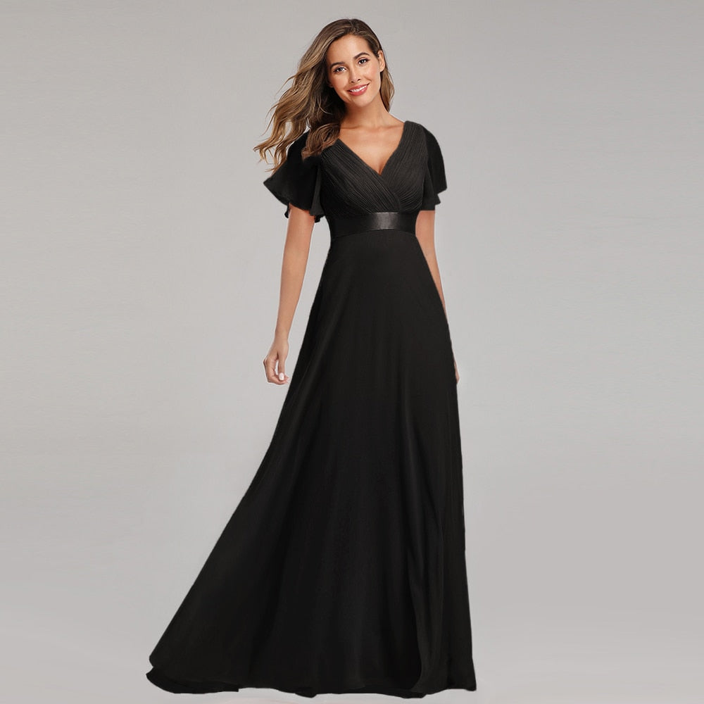 Elegant V-Neck Ruffles Chiffon Formal Evening Gown  Robe fiesta Dress for Wedding Party