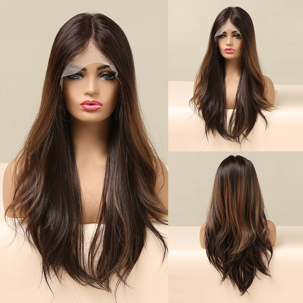 Lace Front Synthetic Natural Hair Wigs Brown Ombre Lace Frontal Wig High Density