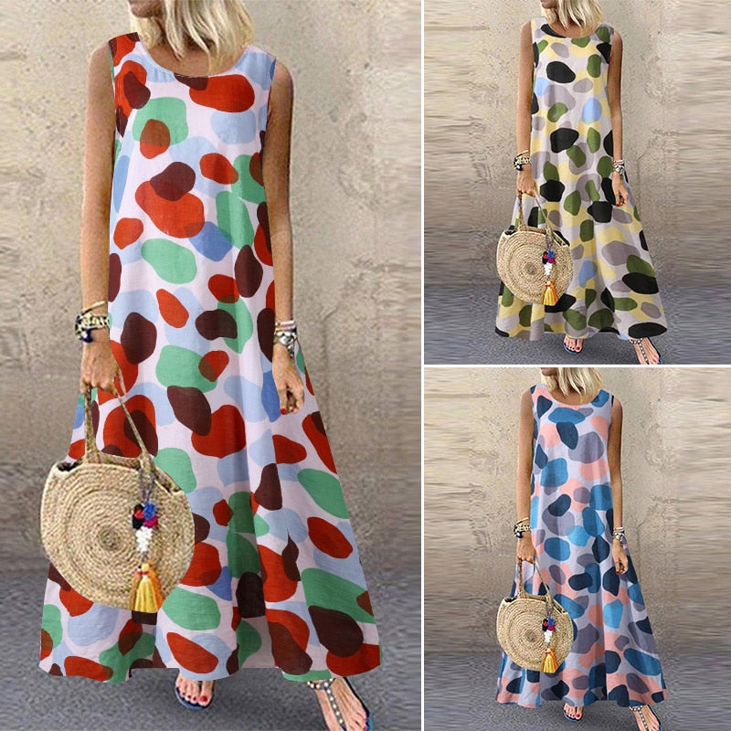 Printed Maxi Sundress Vintage O Neck Sleeveless Tunic Vestidos  Casual Robe Femme