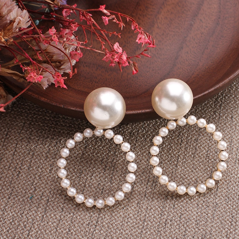 white boho imitation pearl round circle hoop earrings female gold color big earrings jewelry statement earrings