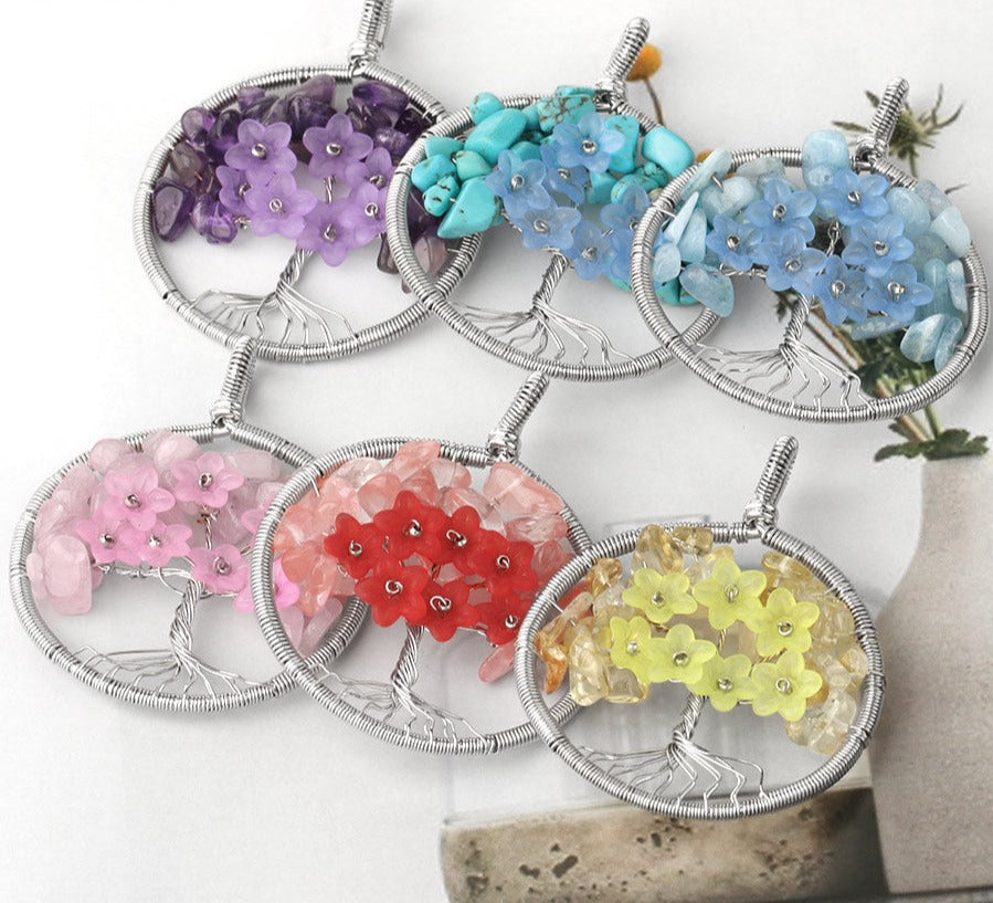 Tree of Life Pendant Necklace Natural Stone Quartz Crystal Chip Bead Flower Reiki Jewelry