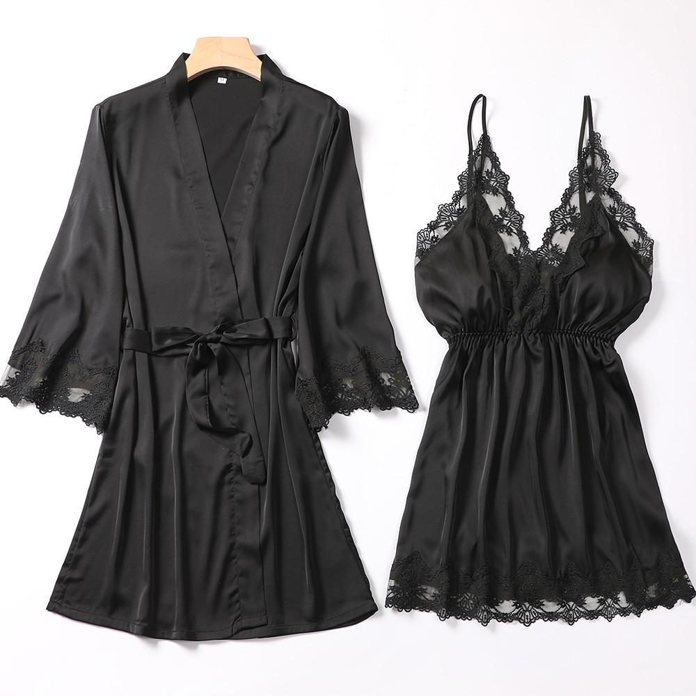 Lace Trim Sexy Robe Suit Loose Satin Kimono Bathrobe Gown Mini Sleepwear Rayon Intimate Lingerie