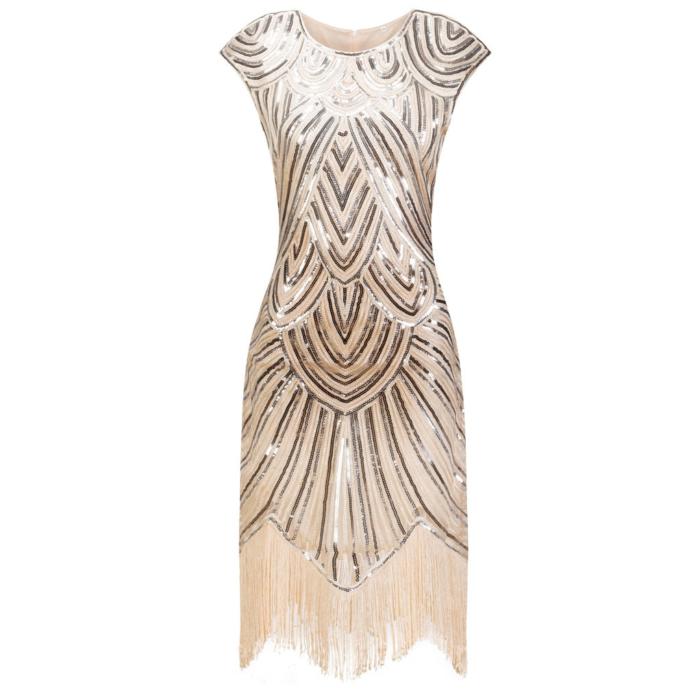 Vintage Flapper Great Gatsby Dress O-Neck Cap Sleeve Sequin Fringe Party Midi Dress