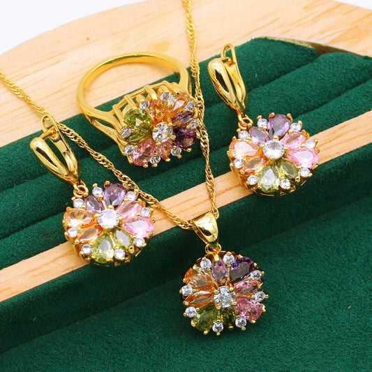 Classic 925 Silver Gold Color Jewelry Sets Multicolor Zircon Bracelet Earrings Necklace Pendant Ring 4PCS